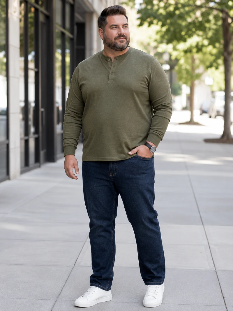 Olive Green Long-Sleeve Henley and Dark Blue Jeans