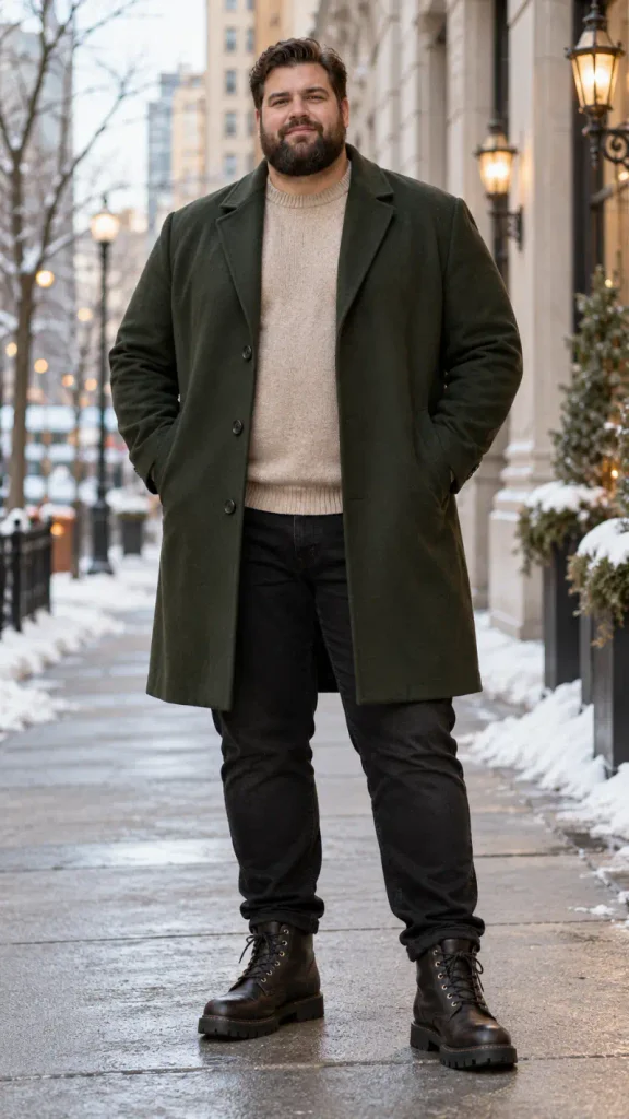 Olive Green Overcoat and Cream Knit