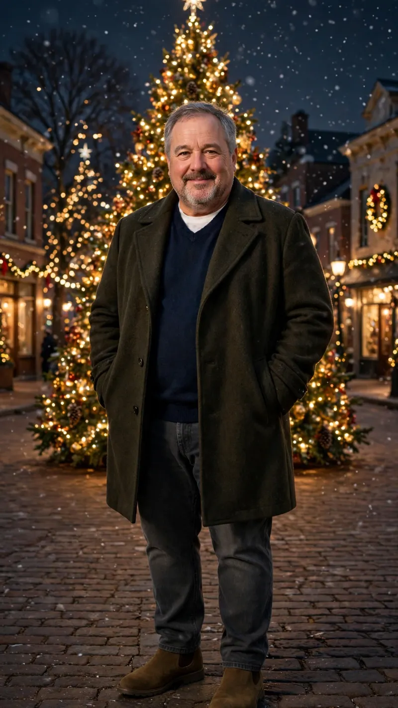 Olive Green Overcoat with Navy V-Neck Sweater and Grey Jeans