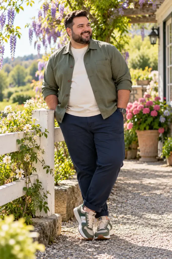 Olive Green Overshirt With Tri Color Sneakers