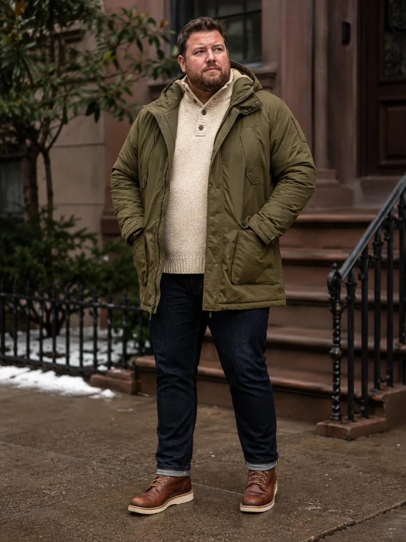 Olive Green Parka Jacket with Cream Knit Sweater and Dark Jeans