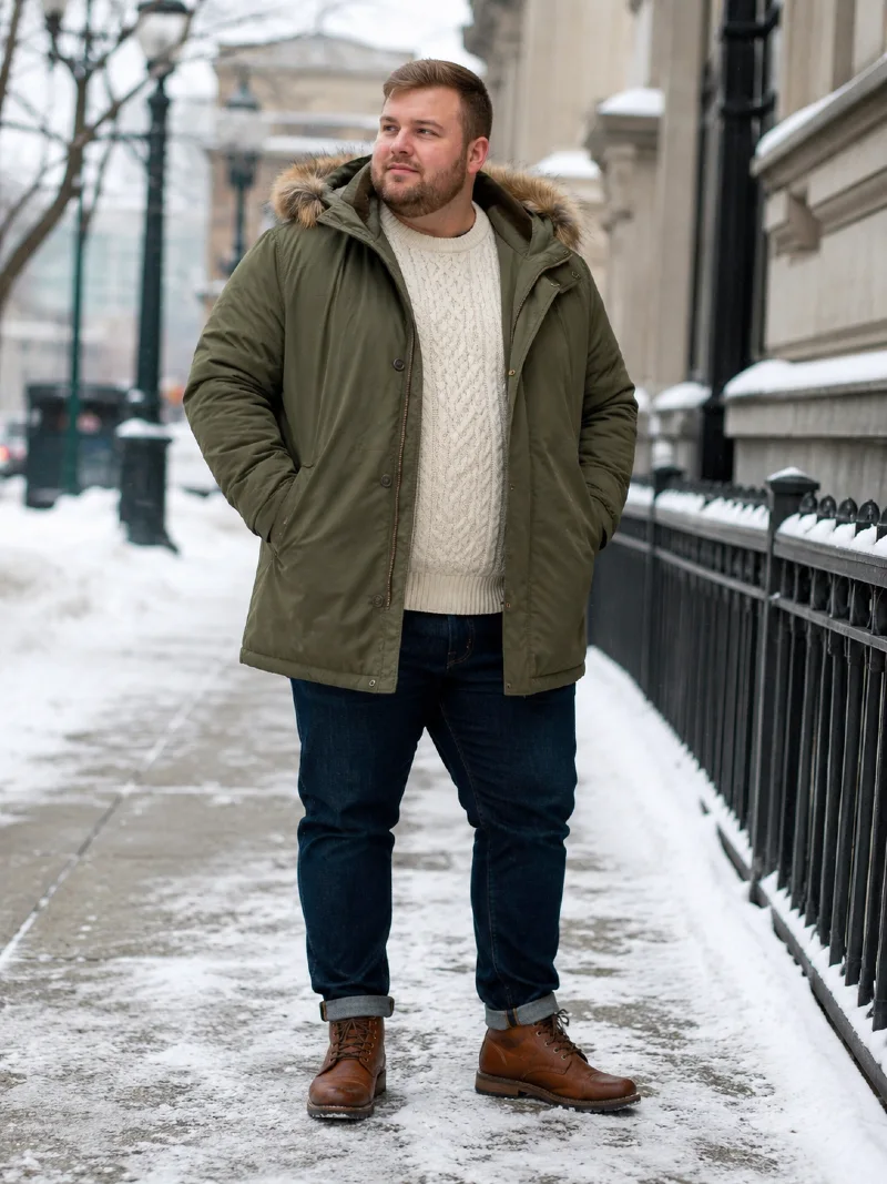 Olive Green Parka Jacket with Off-White Knit Sweater and Dark Jeans