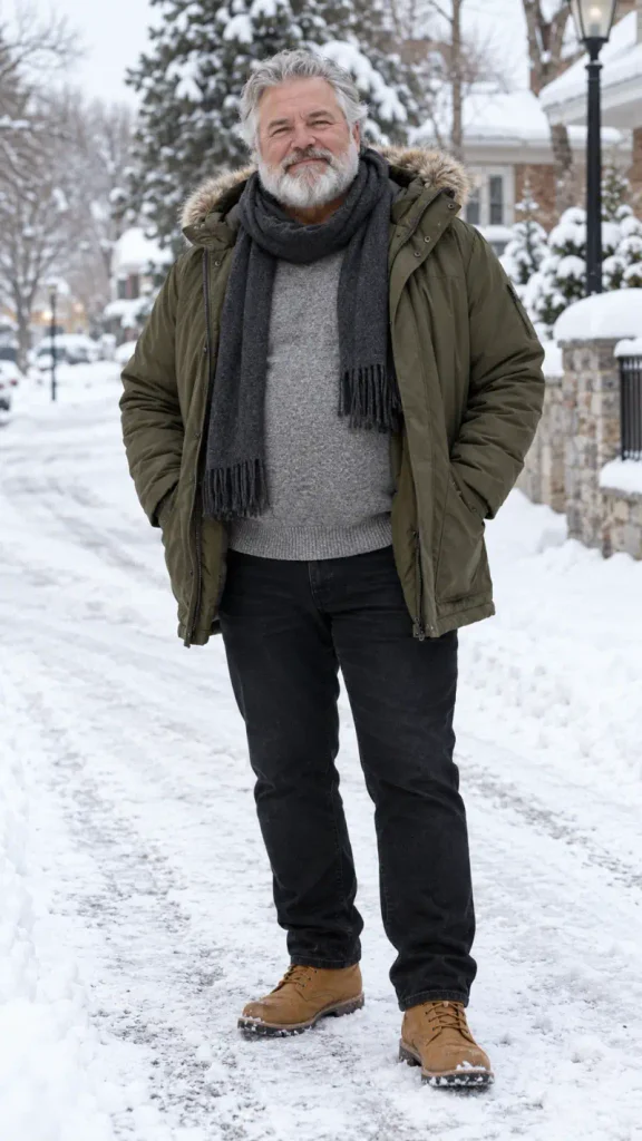 Olive Green Parka and Gray Knit Sweater