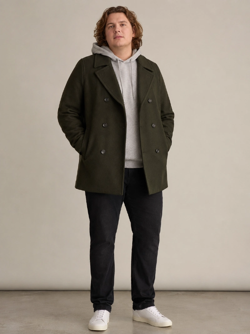 Olive Green Peacoat with Grey Pullover Hoodie and Black Jeans