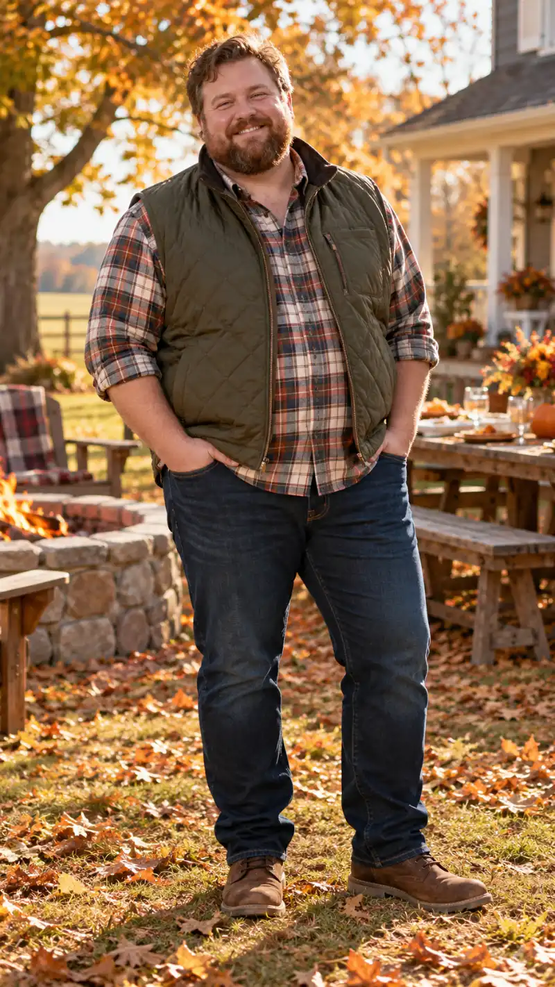 Olive Green Quilted Vest, Plaid Flannel Shirt, Dark Wash Jeans, and Brown Suede Boots