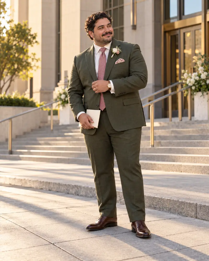 Olive Green Suit with Dusty Rose Accents