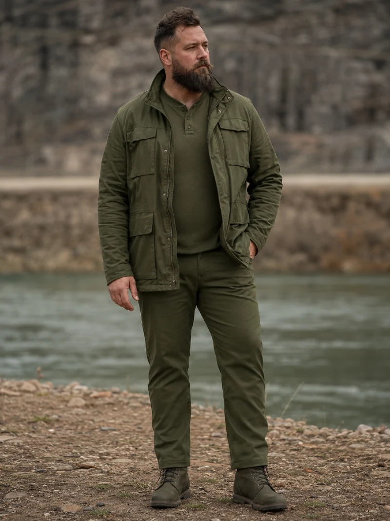 Olive Green Utility Jacket, Henley Shirt, and Trousers