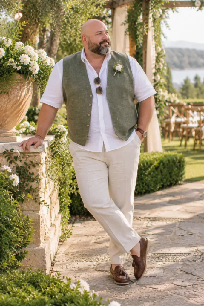 Olive Green Vest With Short Sleeve White Shirt