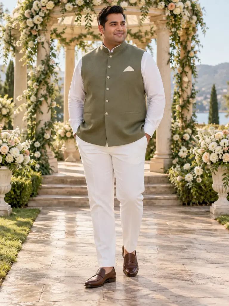 Olive Green Waistcoat with Crisp White Basics