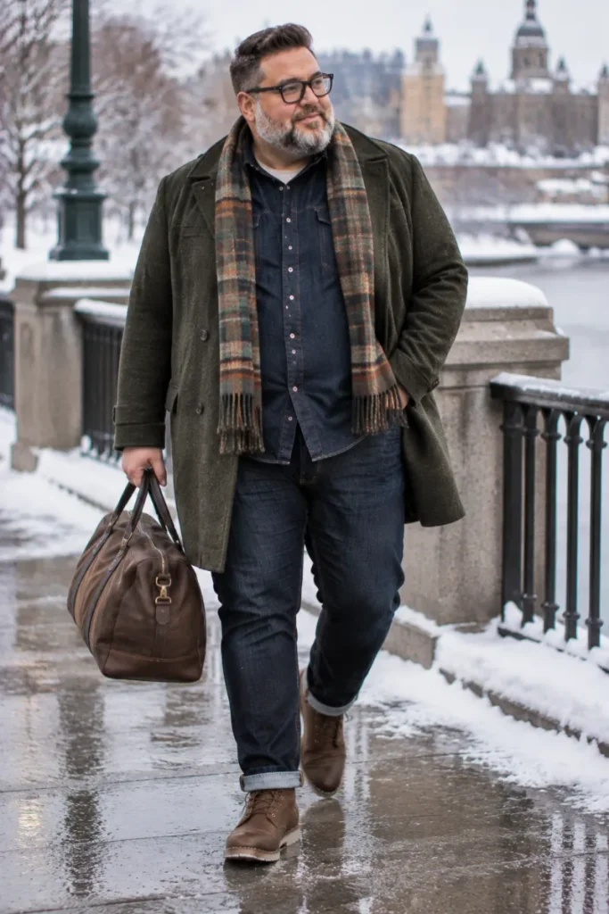Olive Green Wool Coat With Double Denim