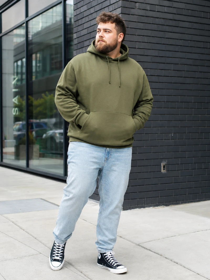 Olive Hoodie and Light Wash Jeans