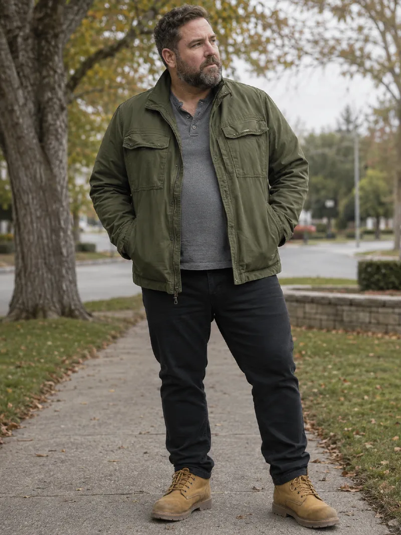 Olive Jacket, Henley Shirt, and Black Pants