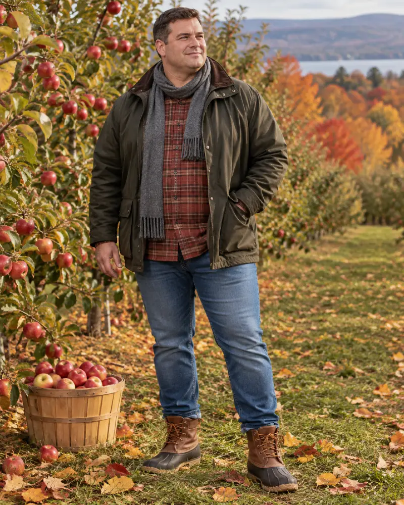 Olive Jacket, Plaid Shirt, Scarf, Jeans & Brown Boots Outfit