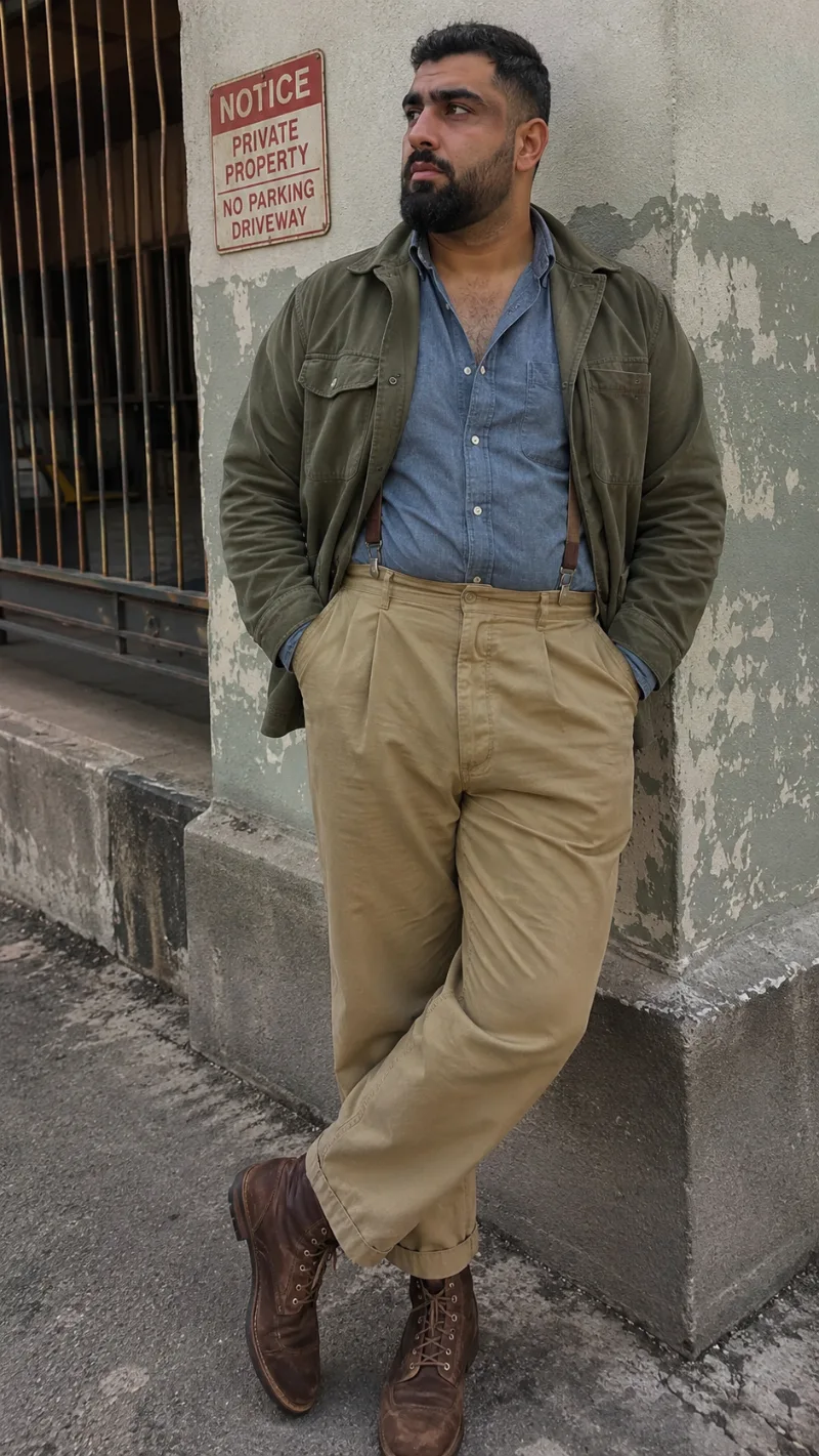 Olive Jacket and Pleated Khakis