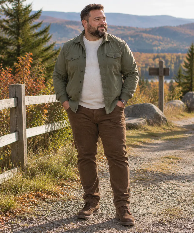 Olive Jacket with White Sweater, Brown Pants, and Brown Boots