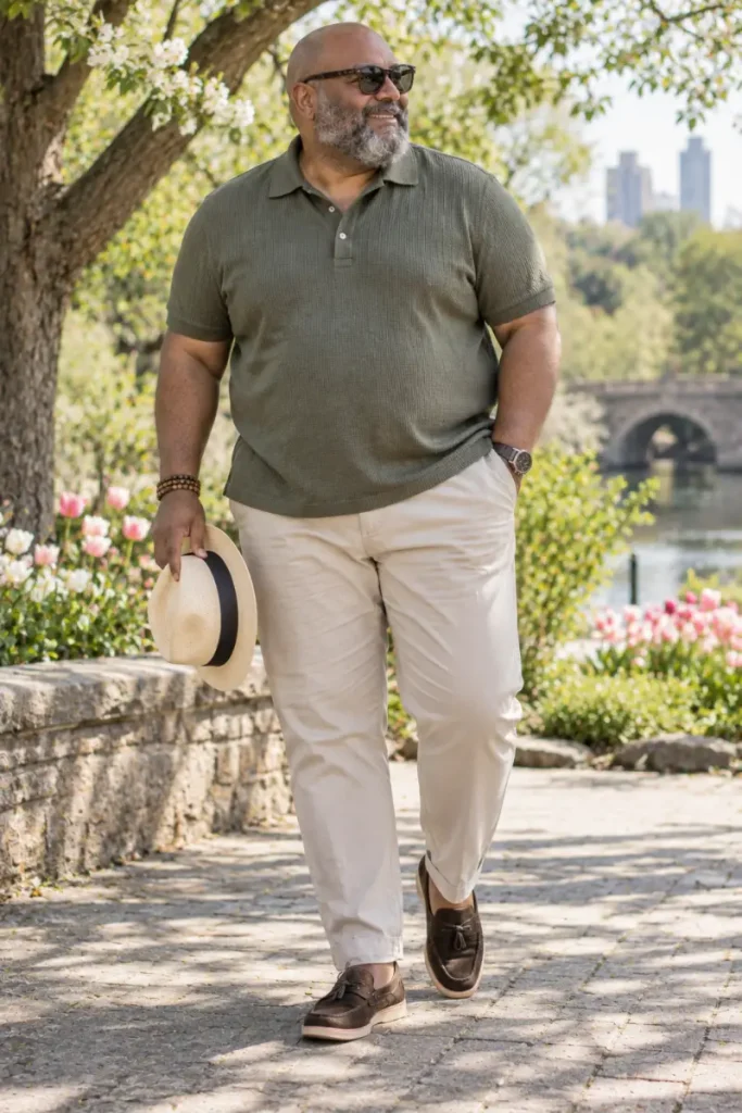 Olive Knit Polo And Khaki Trousers For Spring Park Walks