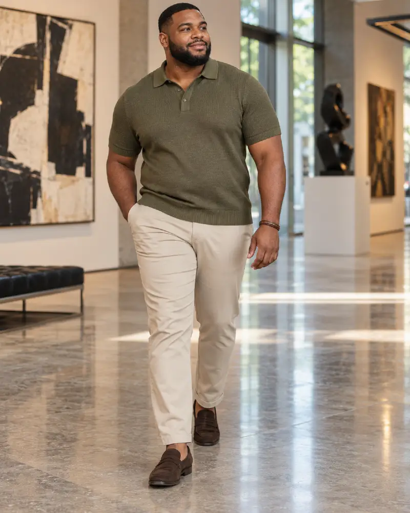 Olive Knit Polo and Light Chinos