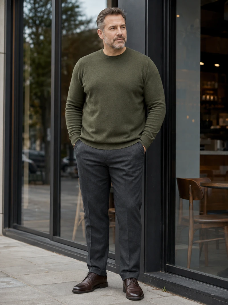 Olive Knit Sweater and Charcoal Dress Pants