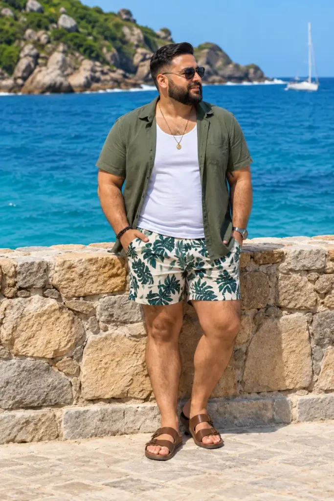 Olive Layering With Bold Monstera Print Shorts