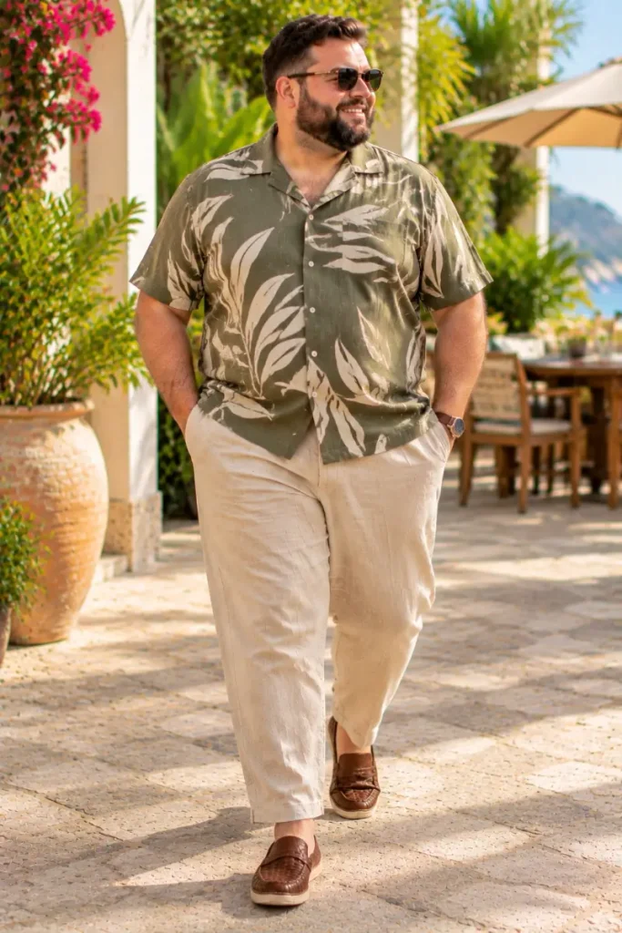 Olive Leaf Print Shirt with Cream Trousers