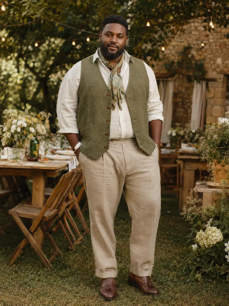 Olive Linen Vest and Beige Trousers Outfit