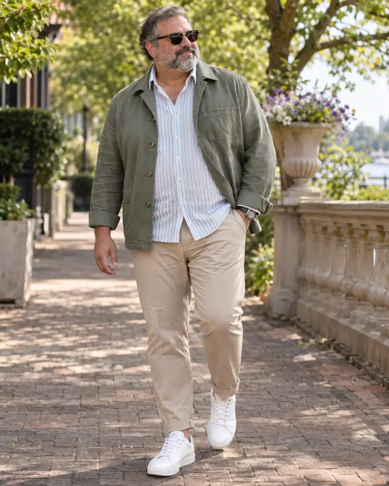 Olive Overshirt And Striped Shirt Combination For Spring Walks