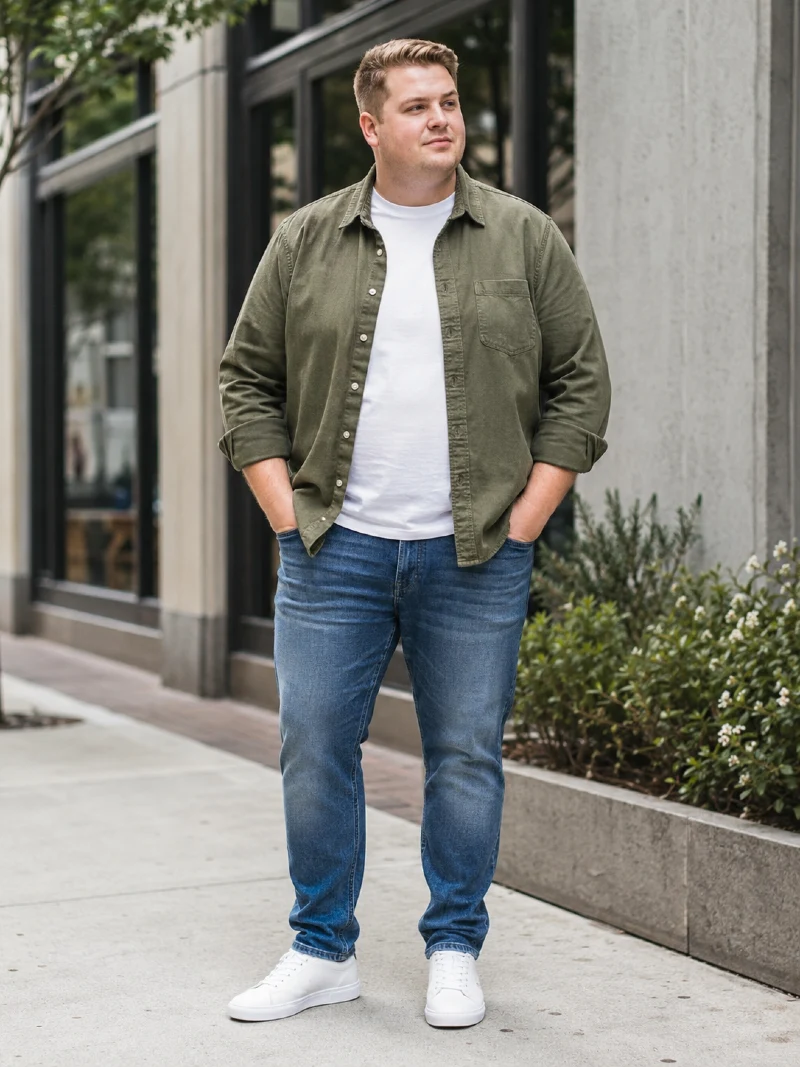 Olive Overshirt, White T-Shirt, and Blue Jeans