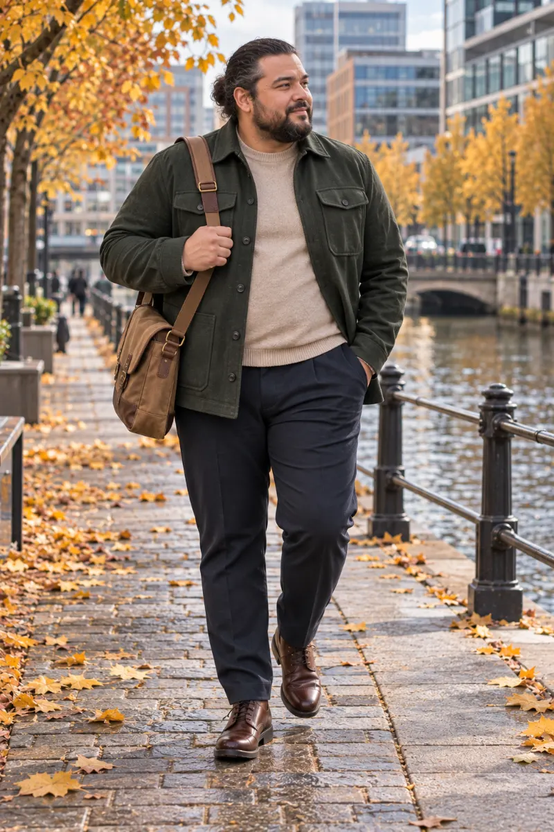 Olive Overshirt With Beige Sweater and Navy Trousers