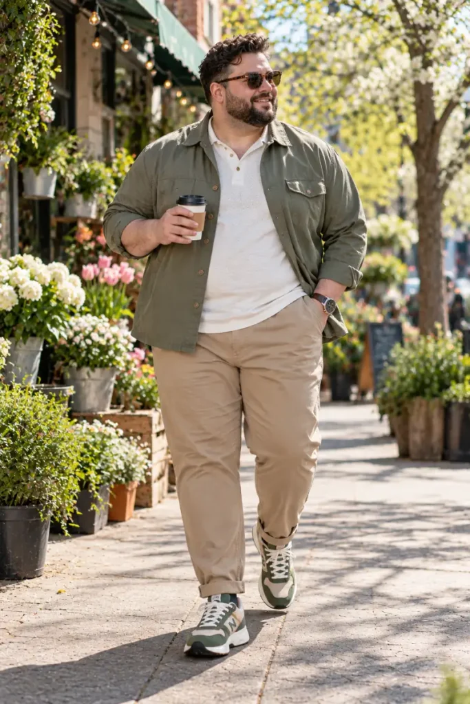 Olive Over shirt With Textured Henley And Green Sneakers