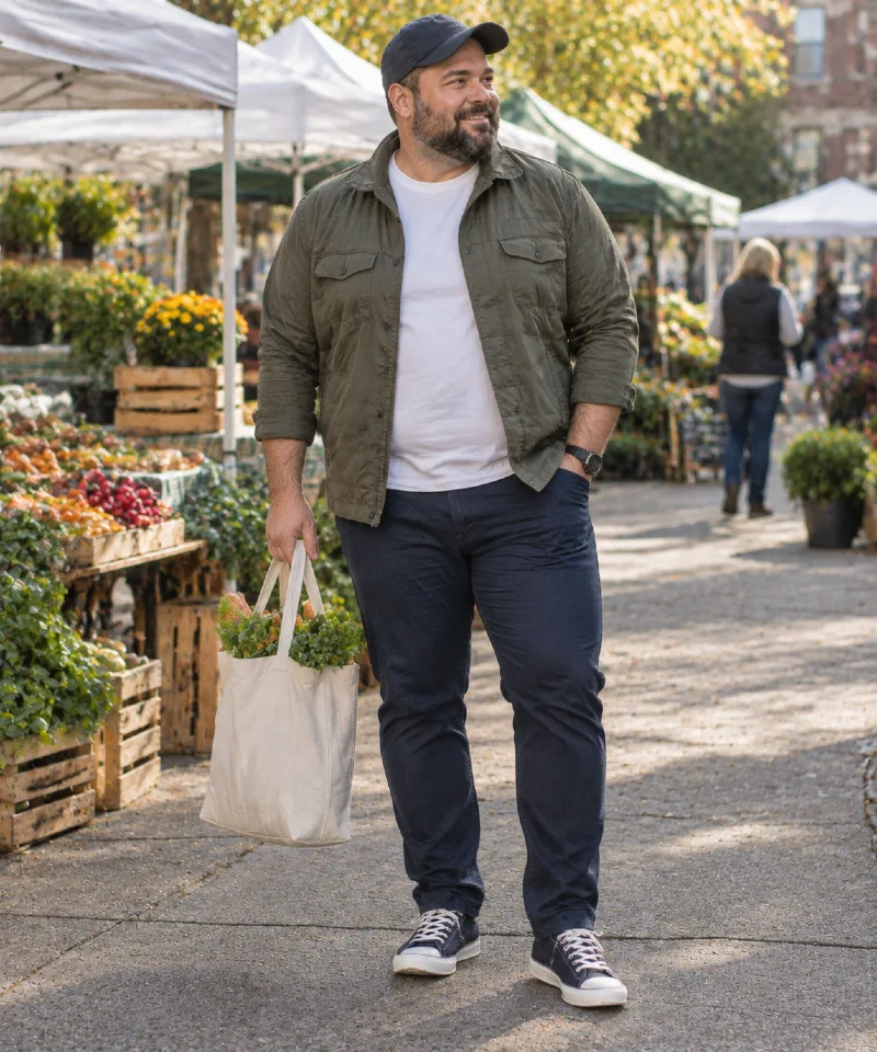 Olive Overshirt with White T-Shirt, Dark Jeans, and Navy Sneakers