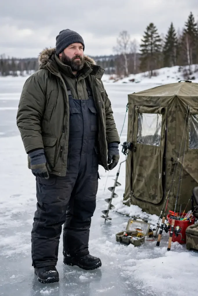 Olive Parka Layered Over Rugged Charcoal Bibs