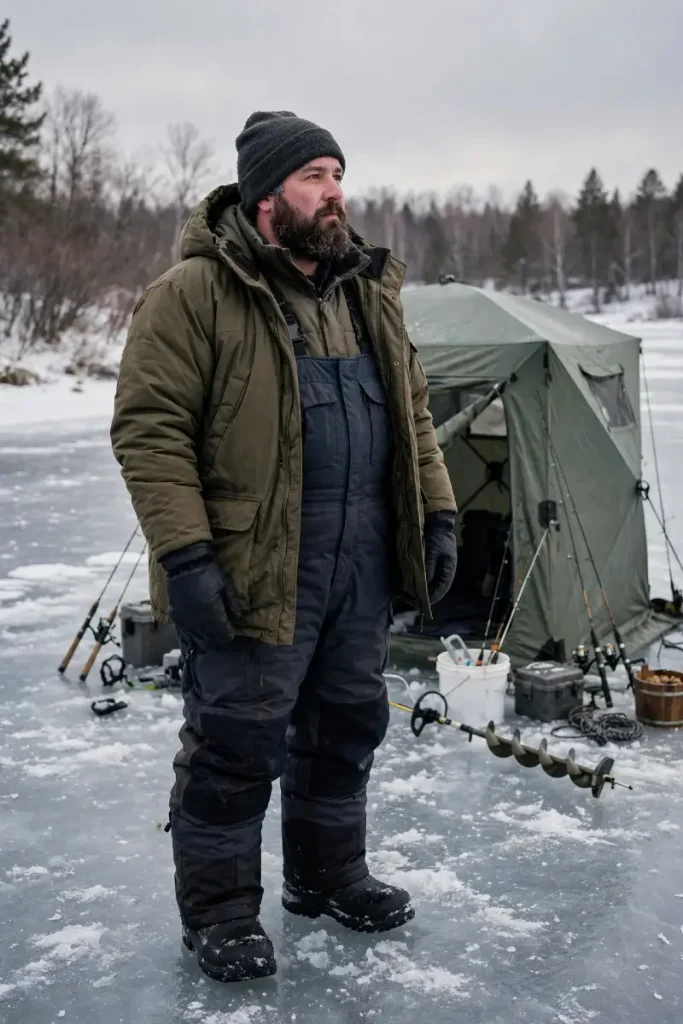 Olive Parka Over Sturdy Charcoal Bibs