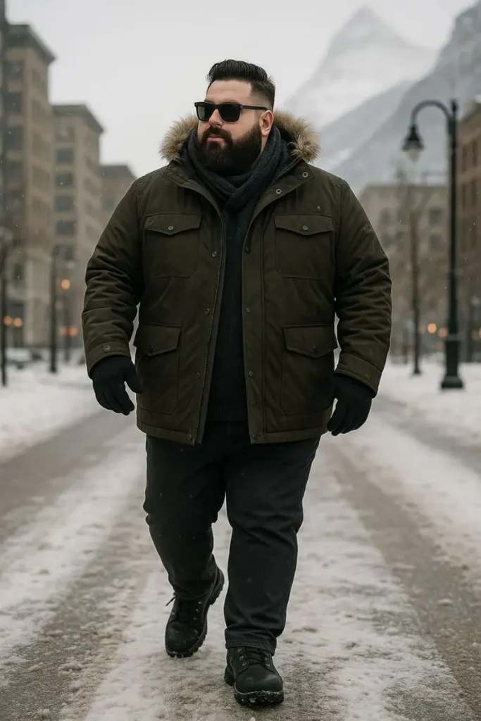 Olive Parka with Grounded Dark Layers