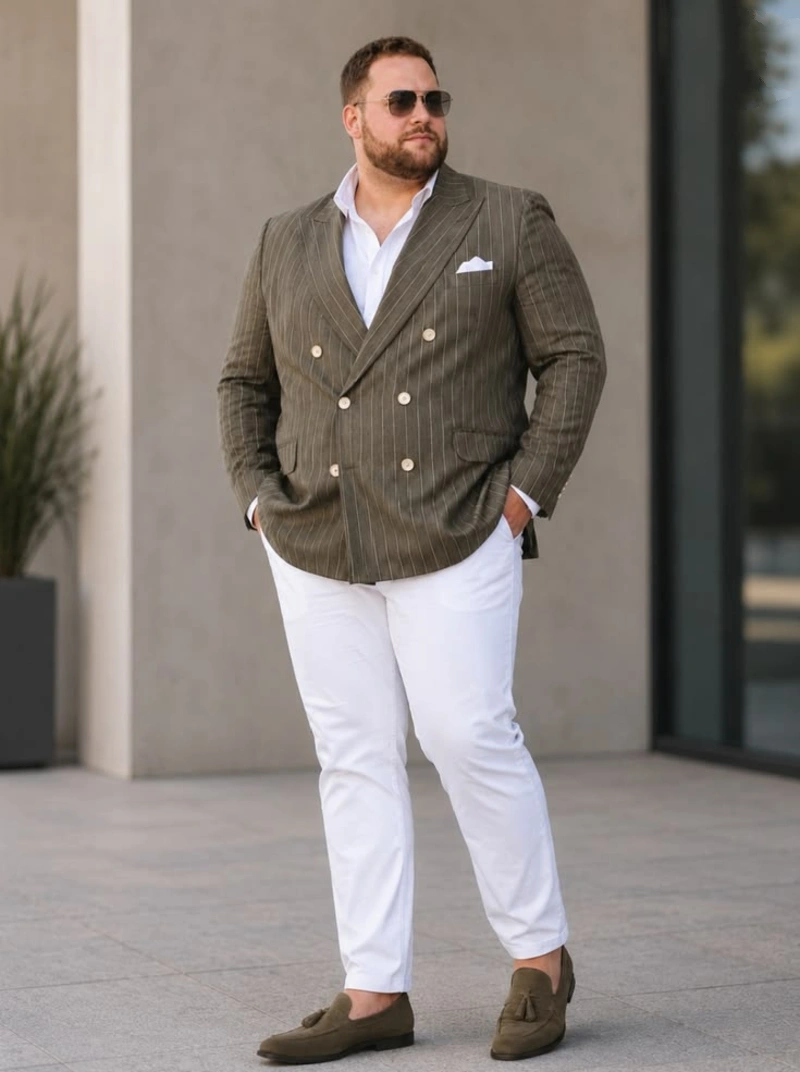 Olive Pinstripe Suit Jacket and White Trousers