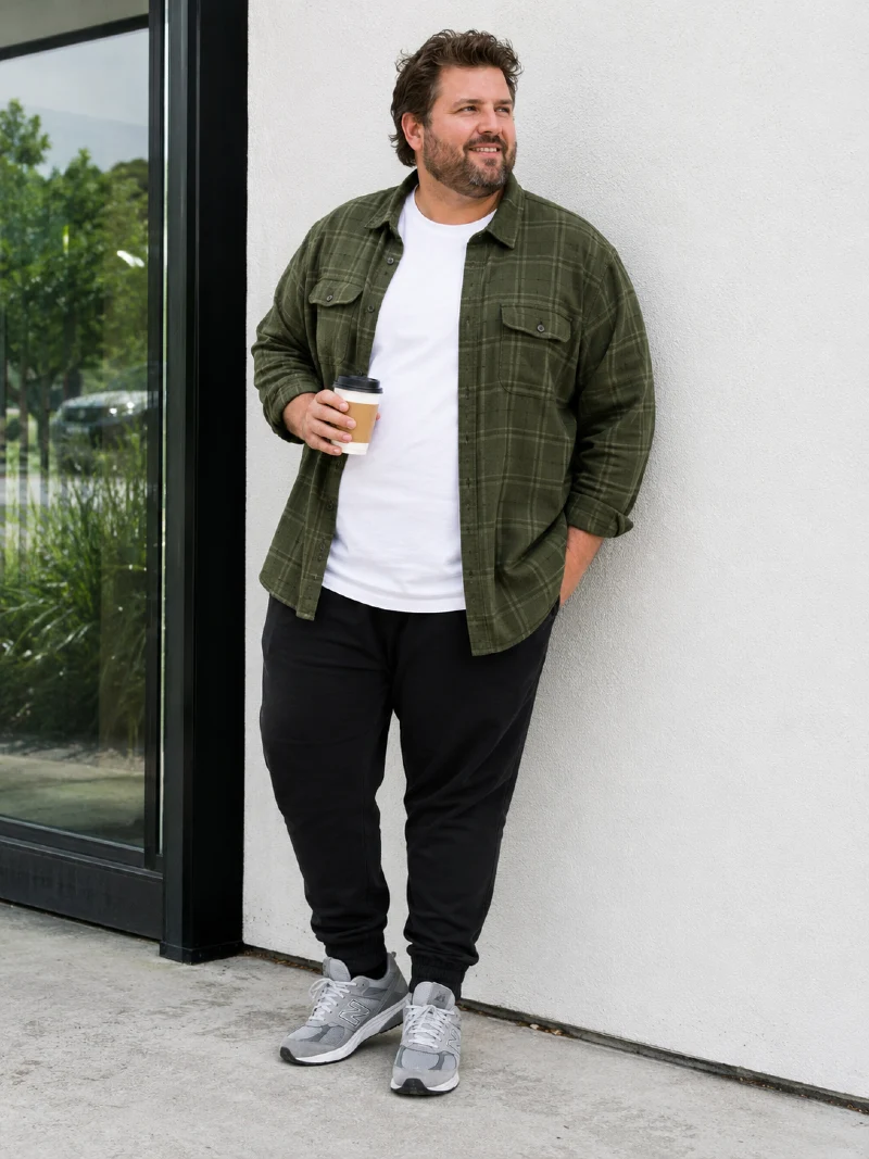 Olive Plaid Flannel Shirt, T-Shirt, and Black Joggers