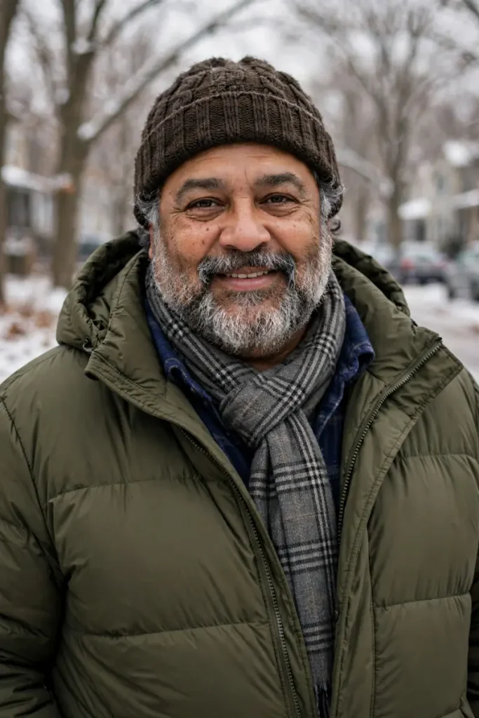 Olive Puffer Jacket and Plaid Scarf