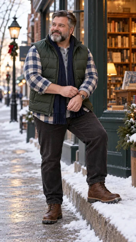 Olive Puffer Vest and Buffalo Check Flannel