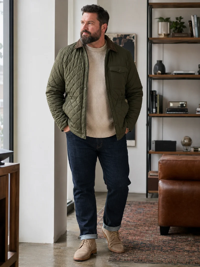 Olive Quilted Jacket, Cream Knit Sweater, and Dark Jeans