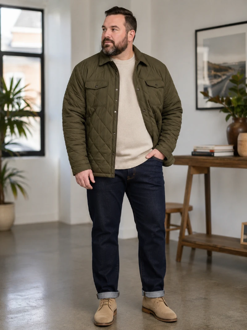Olive Quilted Jacket, Cream Sweater, and Dark Jeans