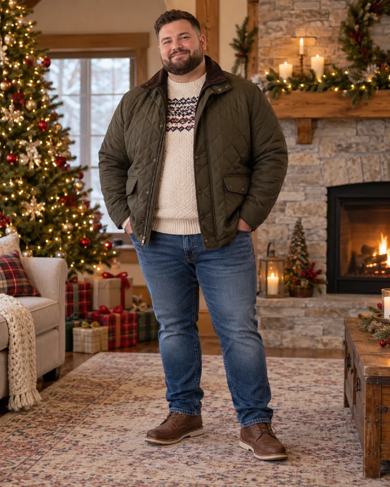 Olive Quilted Jacket, Fair Isle Sweater, Blue Jeans