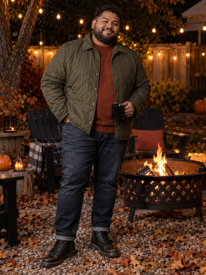 Olive Quilted Jacket With Rust Sweater and Dark Jeans