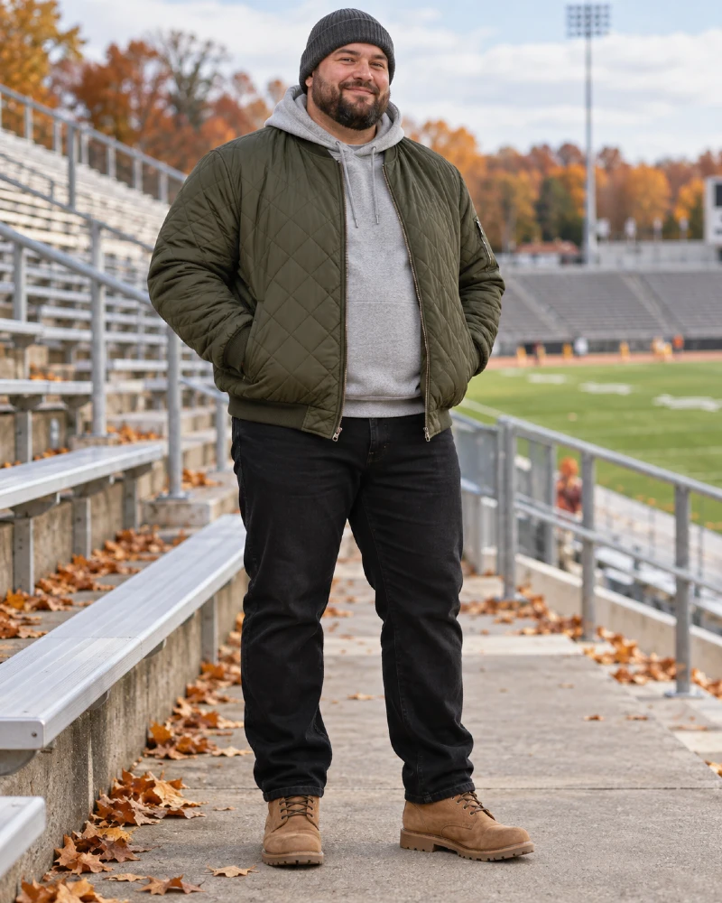 Olive Quilted Jacket and Gray Hoodie for a Fall Football Game