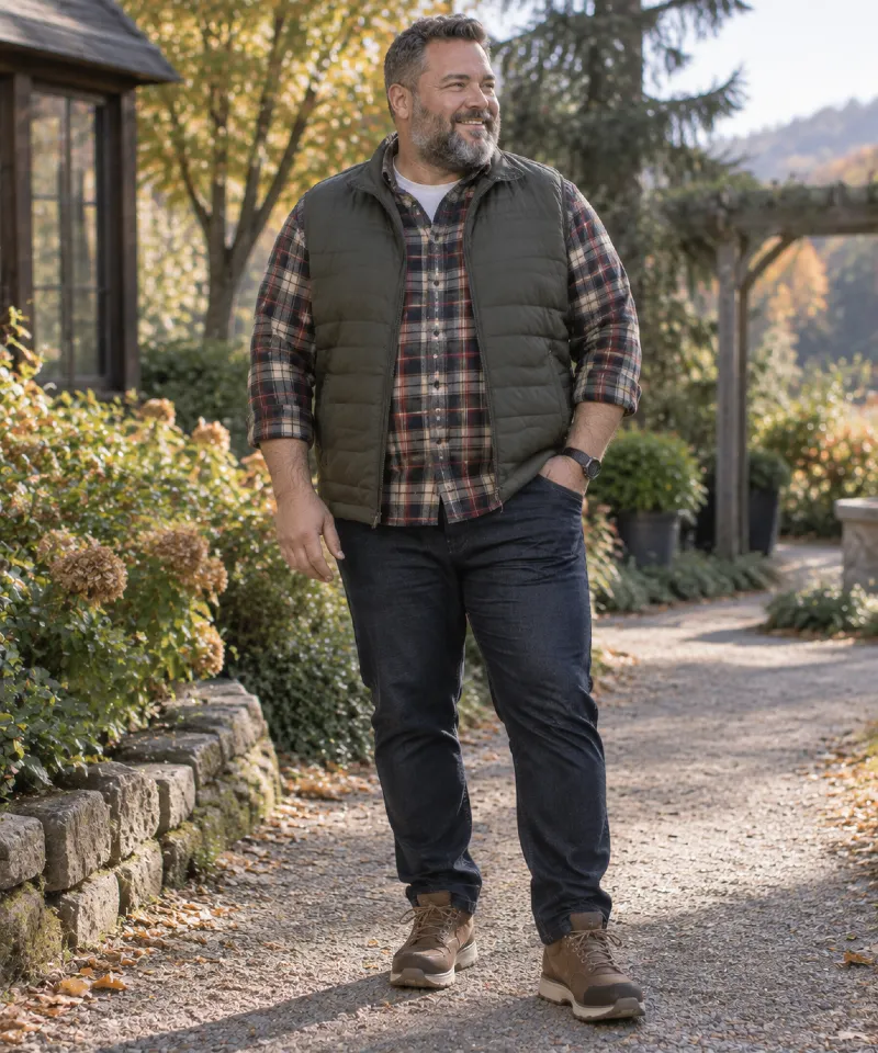 Olive Quilted Vest with Plaid Shirt, Dark Jeans
