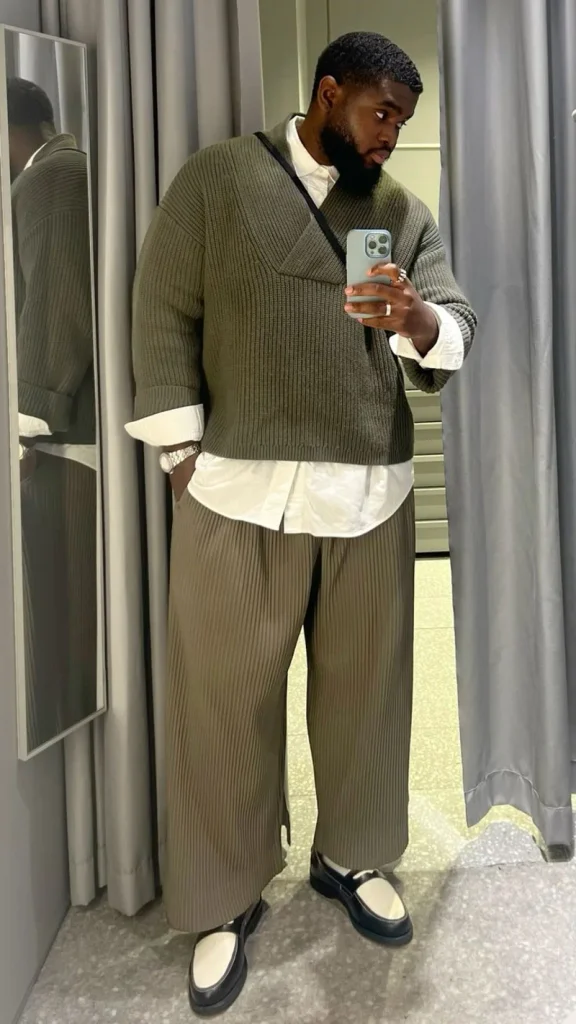 Olive Ribbed Knit Over Flowing Pleats