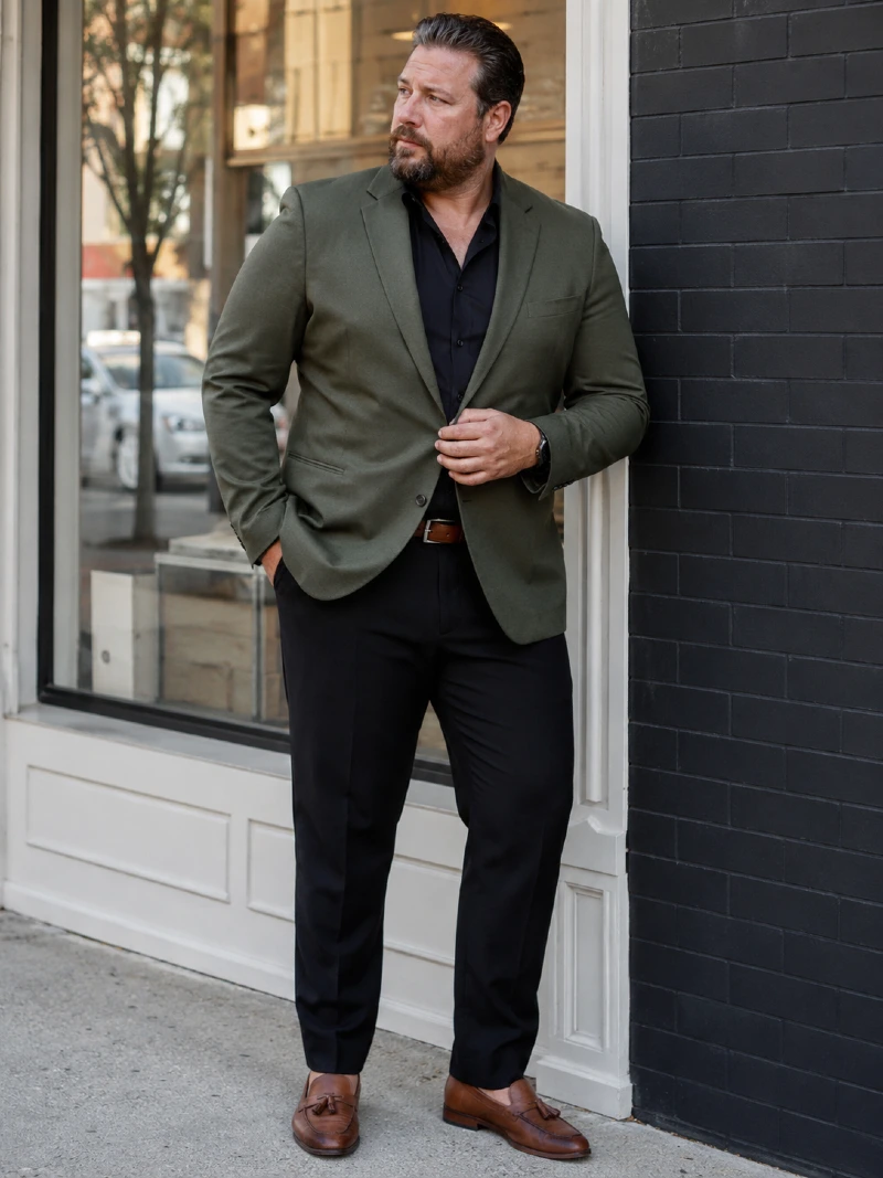 Olive Suit Jacket, Black Button-Down Shirt, and Black Dress Pants