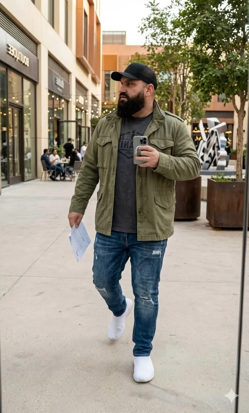 Olive Utility Field Jacket with Graphic T-Shirt, Distressed Blue Jeans, and White Sneakers