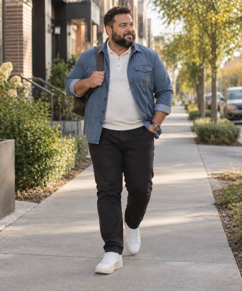 Olive Utility Jacket with White Henley Shirt, Beige Pants, and Trail Sneakers