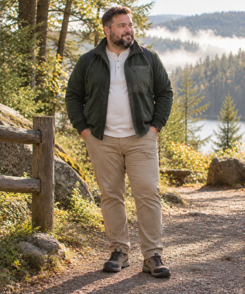 Olive Utility Jacket with White Henley Shirt, Beige Pants