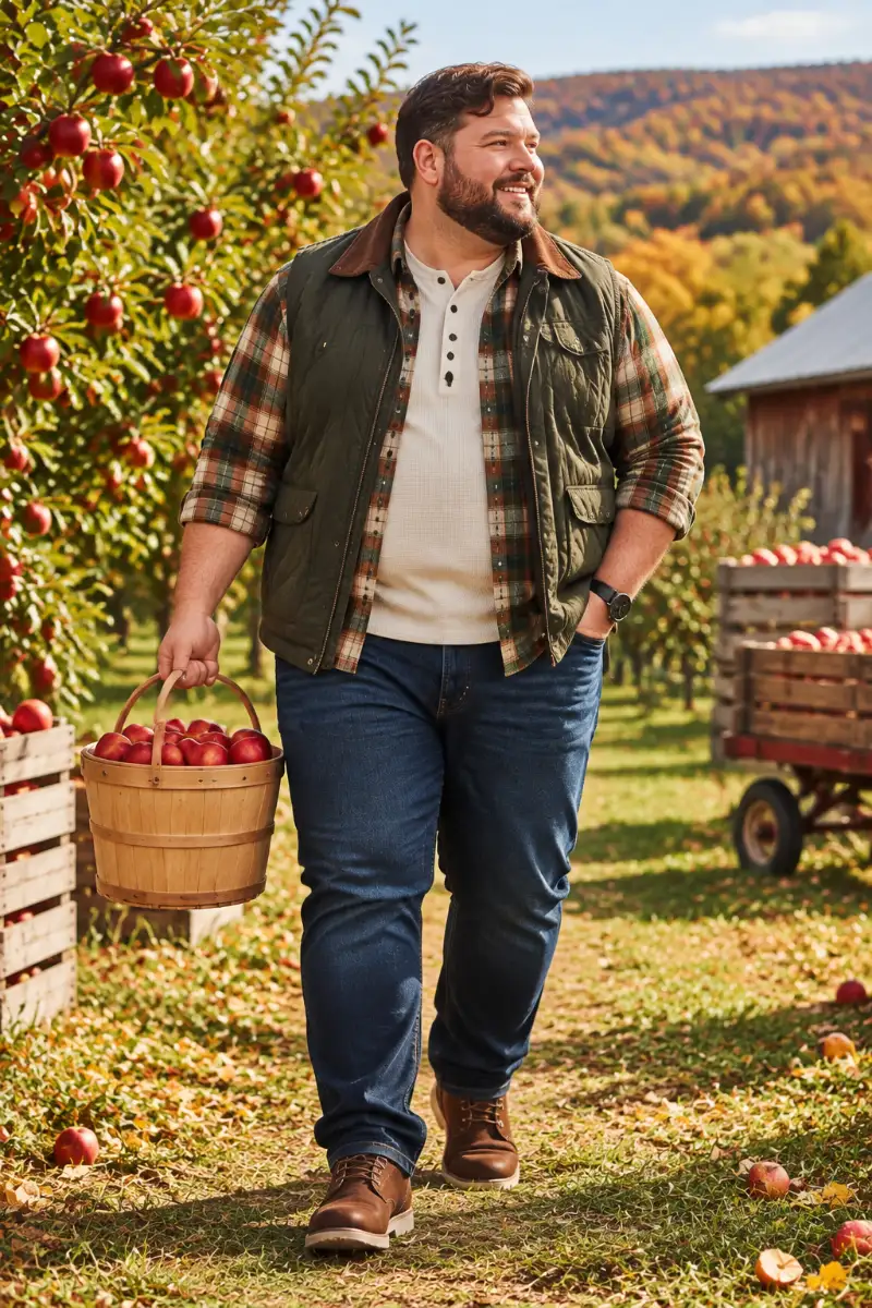 Olive Vest, Plaid Shirt, White Henley, Jeans & Brown Boots Outfit