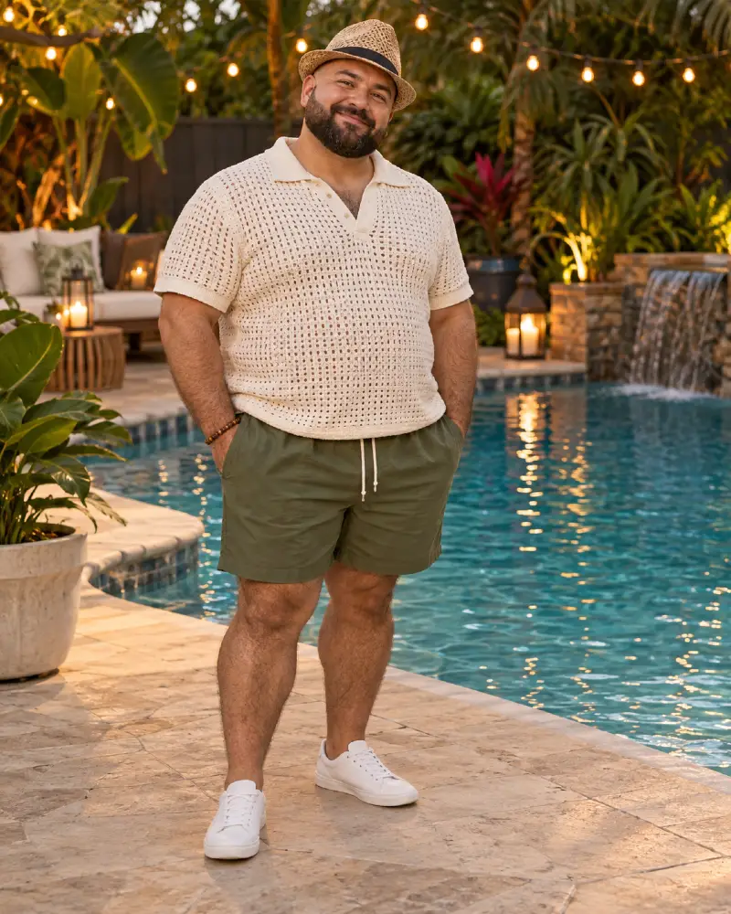 Open Knit Cream Polo With Earthy Olive Shorts